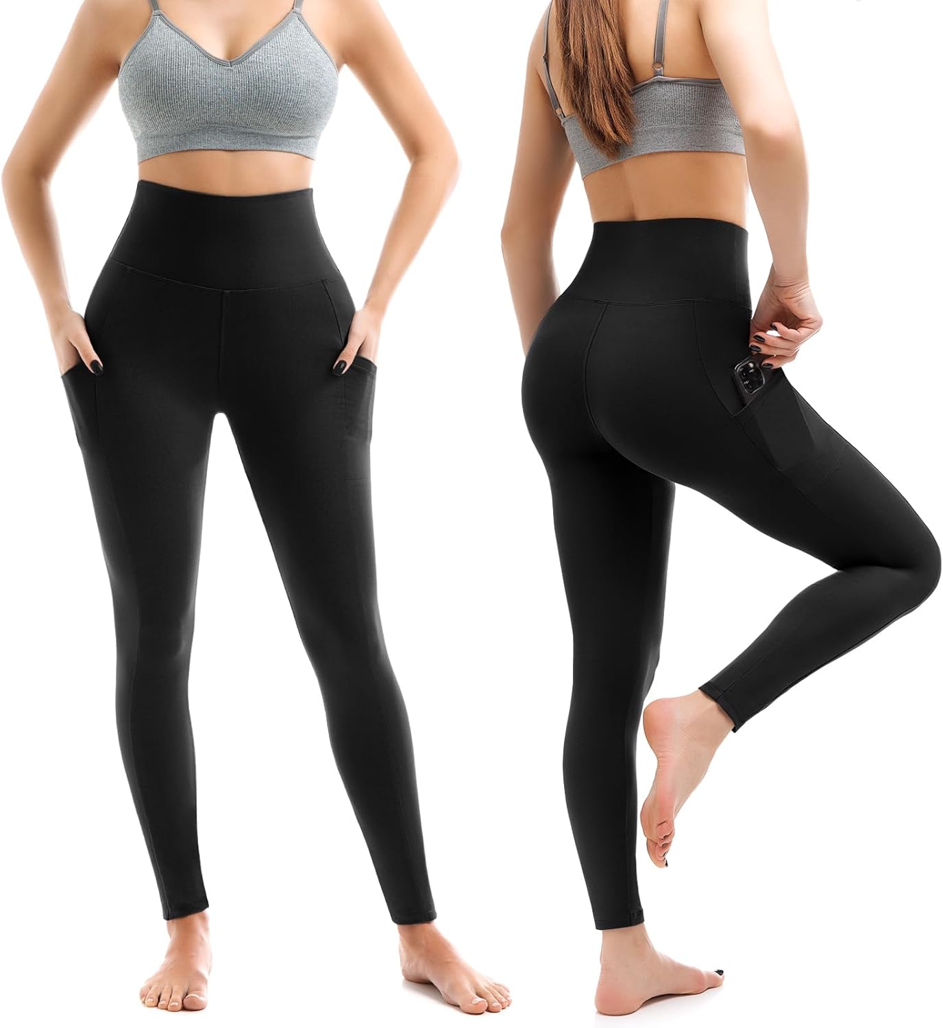 Lot de 2 leggings de sport opaques taille haute avec poches pour entraînement, sport, yoga, course à pied