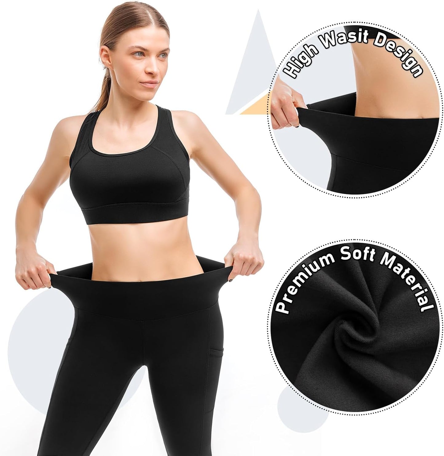 Lot de 2 leggings de sport opaques taille haute avec poches pour entraînement, sport, yoga, course à pied