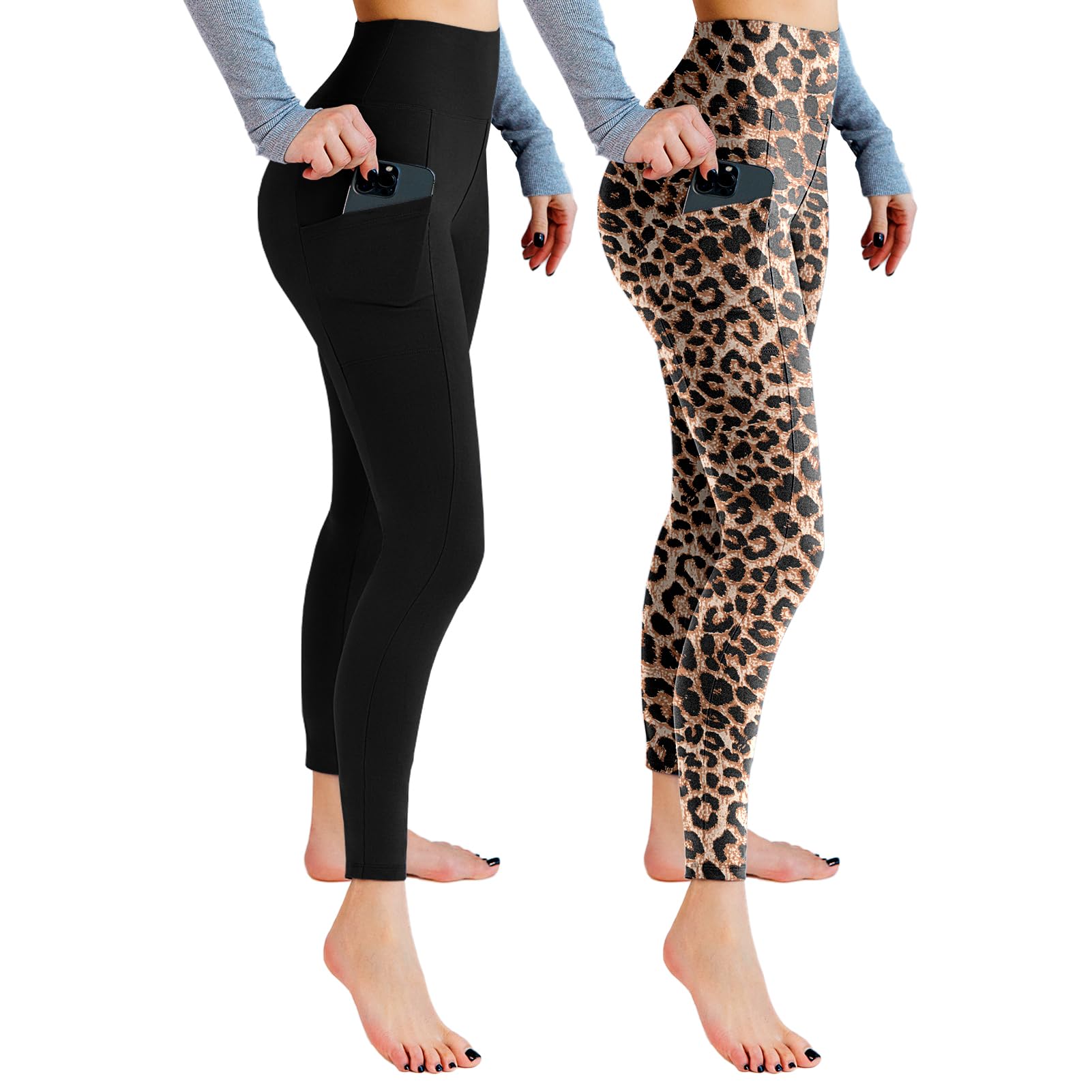 Lot de 2 leggings de sport opaques taille haute avec poches pour entraînement, sport, yoga, course à pied