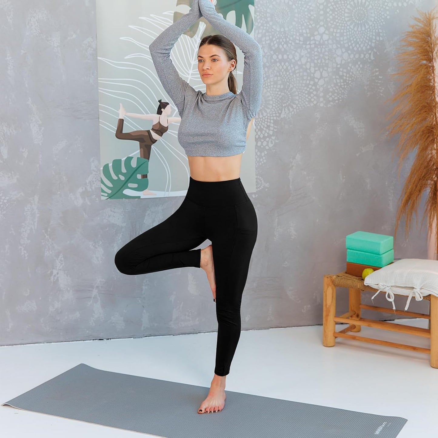 Lot de 2 leggings de sport opaques taille haute avec poches pour entraînement, sport, yoga, course à pied